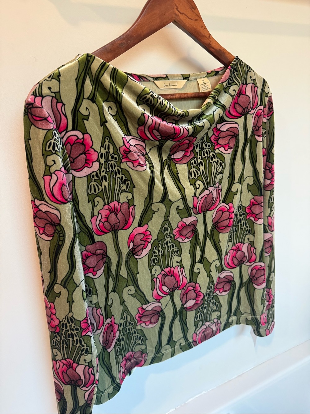 Bechamel Olive Green Long Sleeve Cowl Neck Top with Pink Floral Print